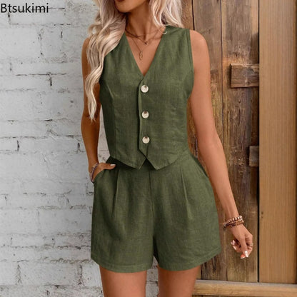 2026 Set da due pezzi casual solido da donna Moda sexy scollo a V senza maniche