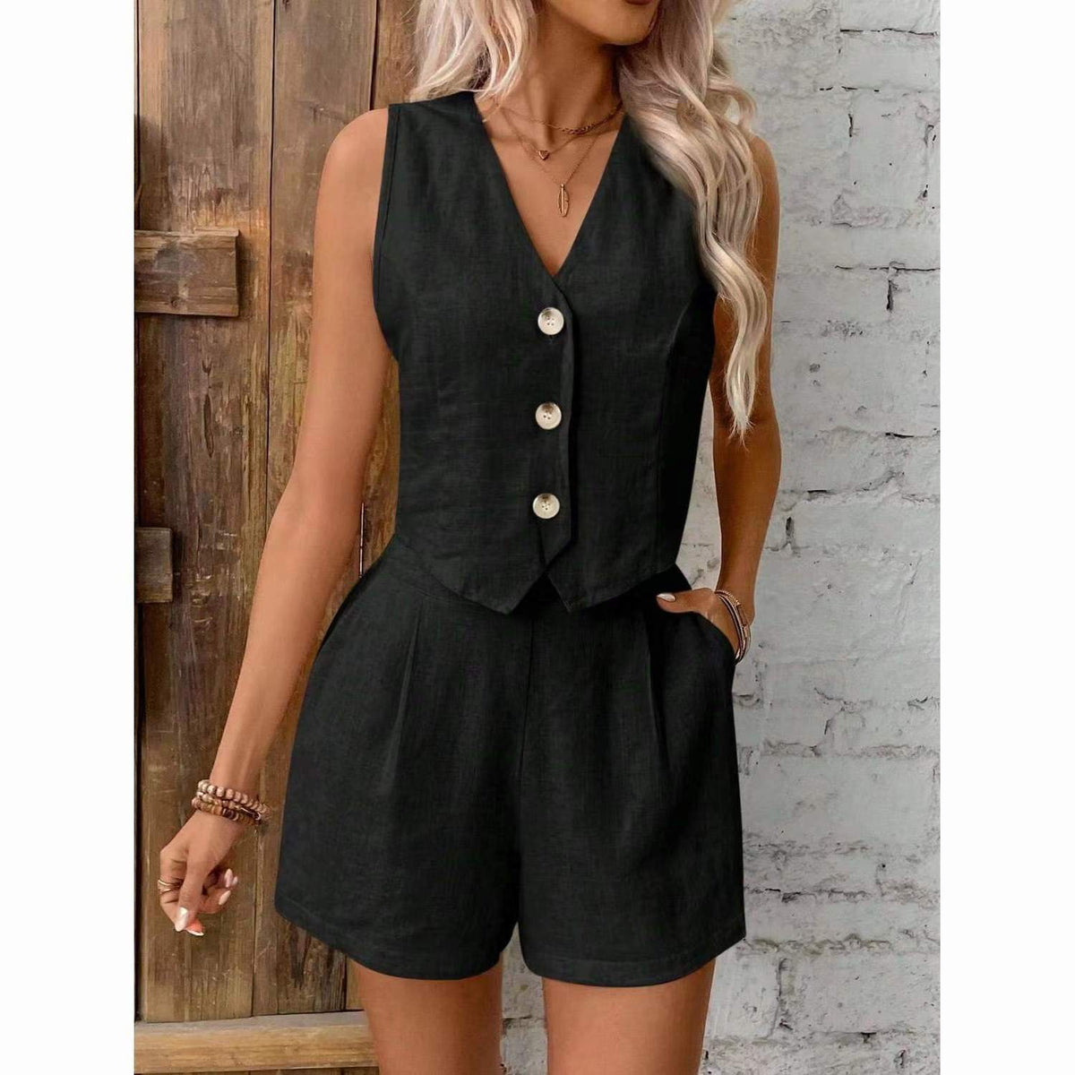 2026 Set da due pezzi casual solido da donna Moda sexy scollo a V senza maniche