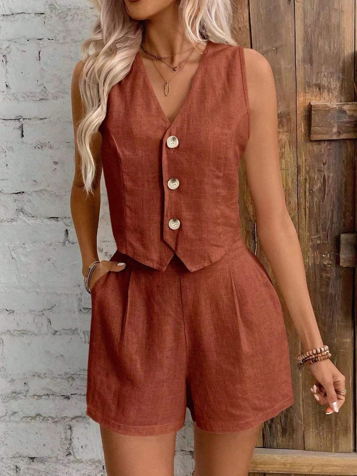 2026 Set da due pezzi casual solido da donna Moda sexy scollo a V senza maniche