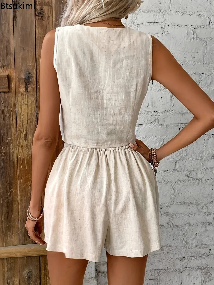 2026 Set da due pezzi casual solido da donna Moda sexy scollo a V senza maniche
